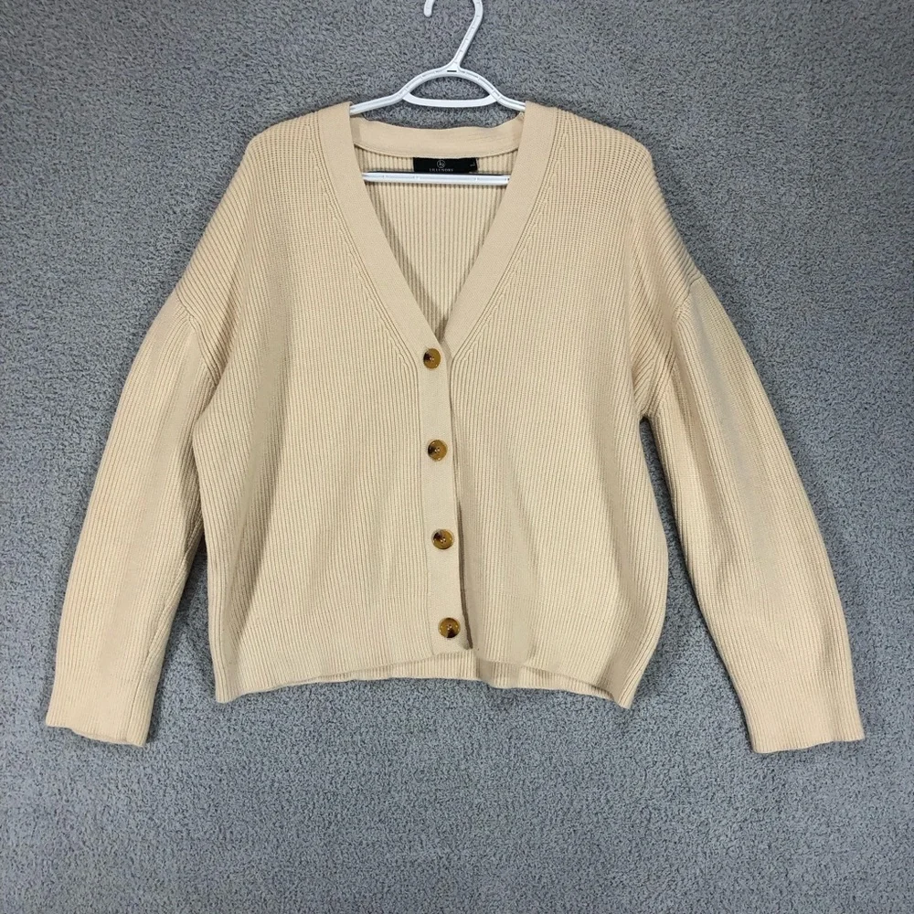 Cream Ribbed V-Neck Button Up Cardigan‎ Size L Casual Layering Lillusory